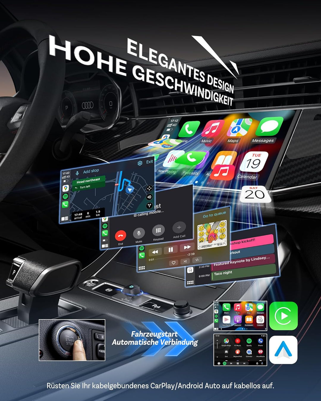 Ottocast Mini Slim 2026 Version, Wireless CarPlay & Android Auto Adapter, Kabelgebundenes CarPlay &