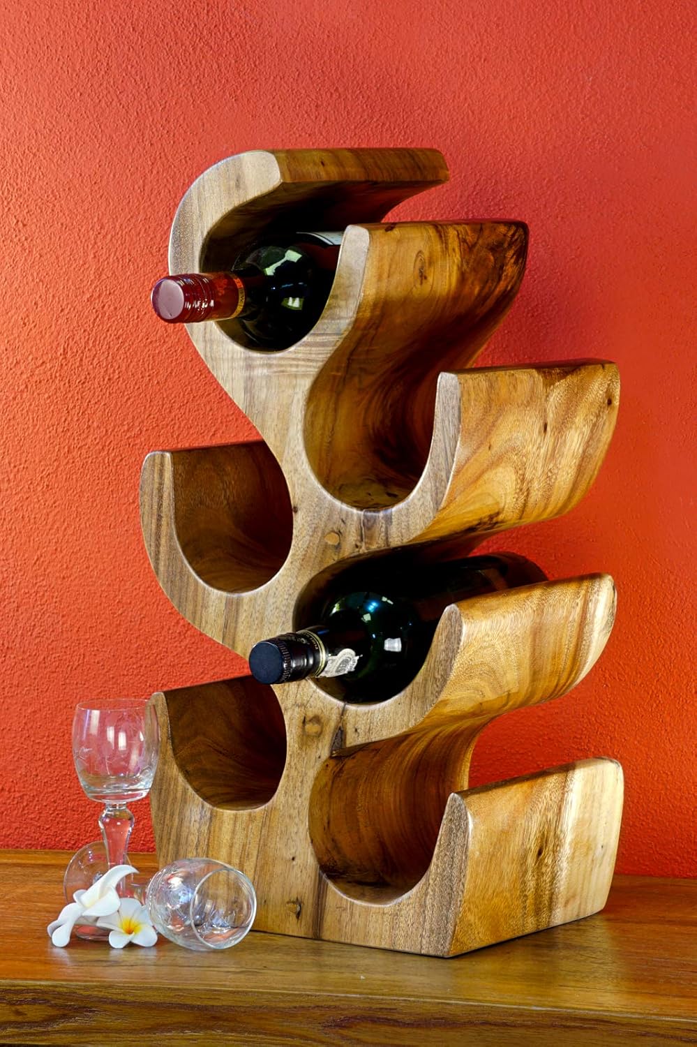 Kinaree Massivholz Weinregal für 6 Flaschen - 50cm freistehendes Flaschenregal in Baum Form aus eine