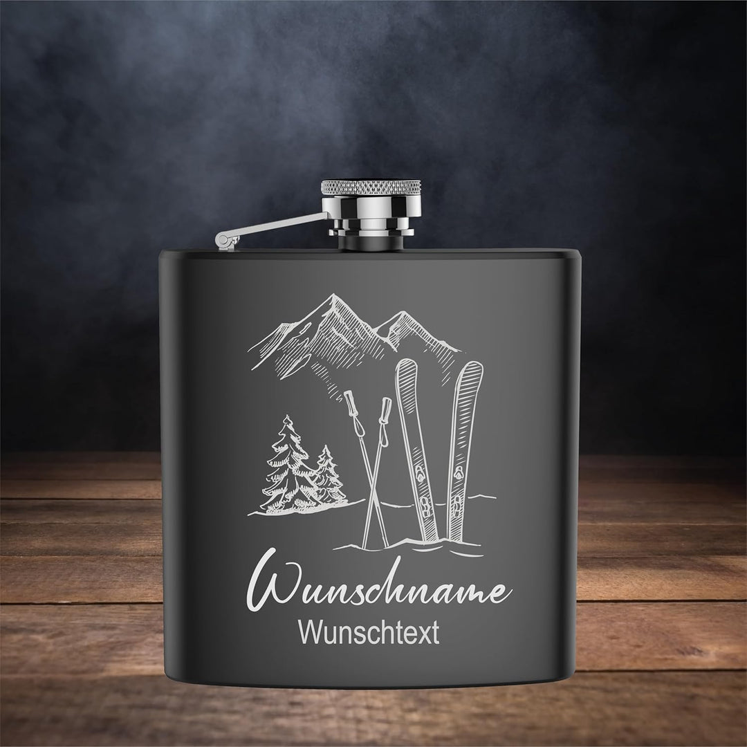 FORYOU24 Edelstahl Flachmann SKI mit persönlicher Namens Gravur | Geschenk Wandern Klettern Bergstei