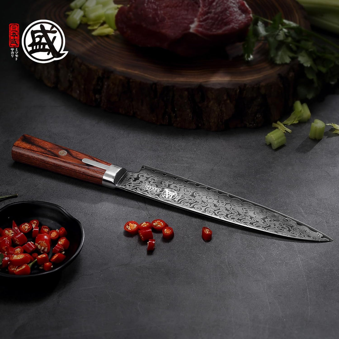 MITSUMOTO SAKARI 22 cm Japanisches Gyuto-Kochmesser, Handgeschmiedetes Beste Küchenmesser, S301 Dama