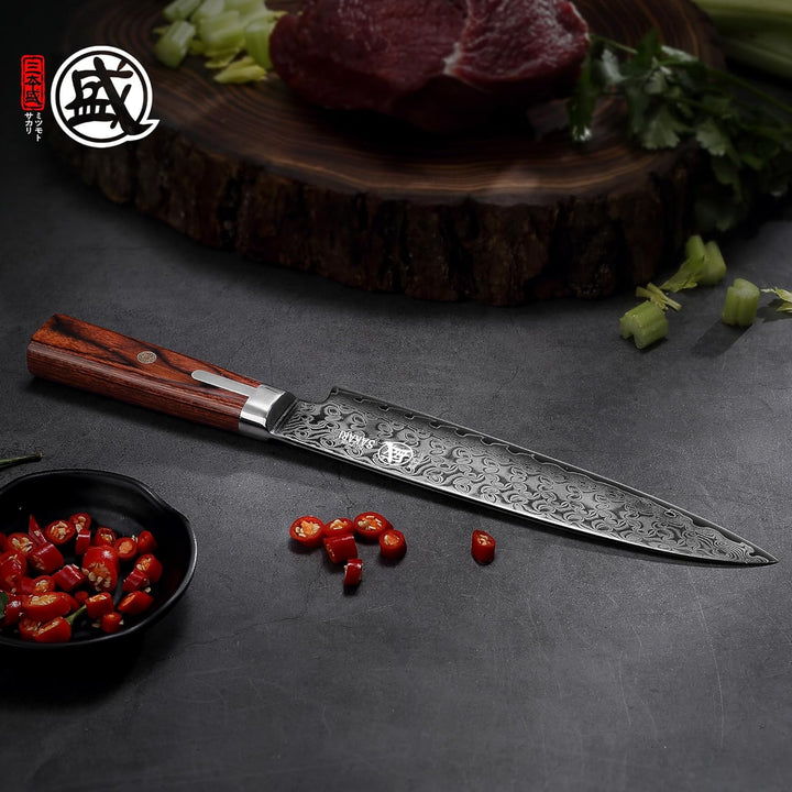 MITSUMOTO SAKARI 22 cm Japanisches Gyuto-Kochmesser, Handgeschmiedetes Beste Küchenmesser, S301 Dama