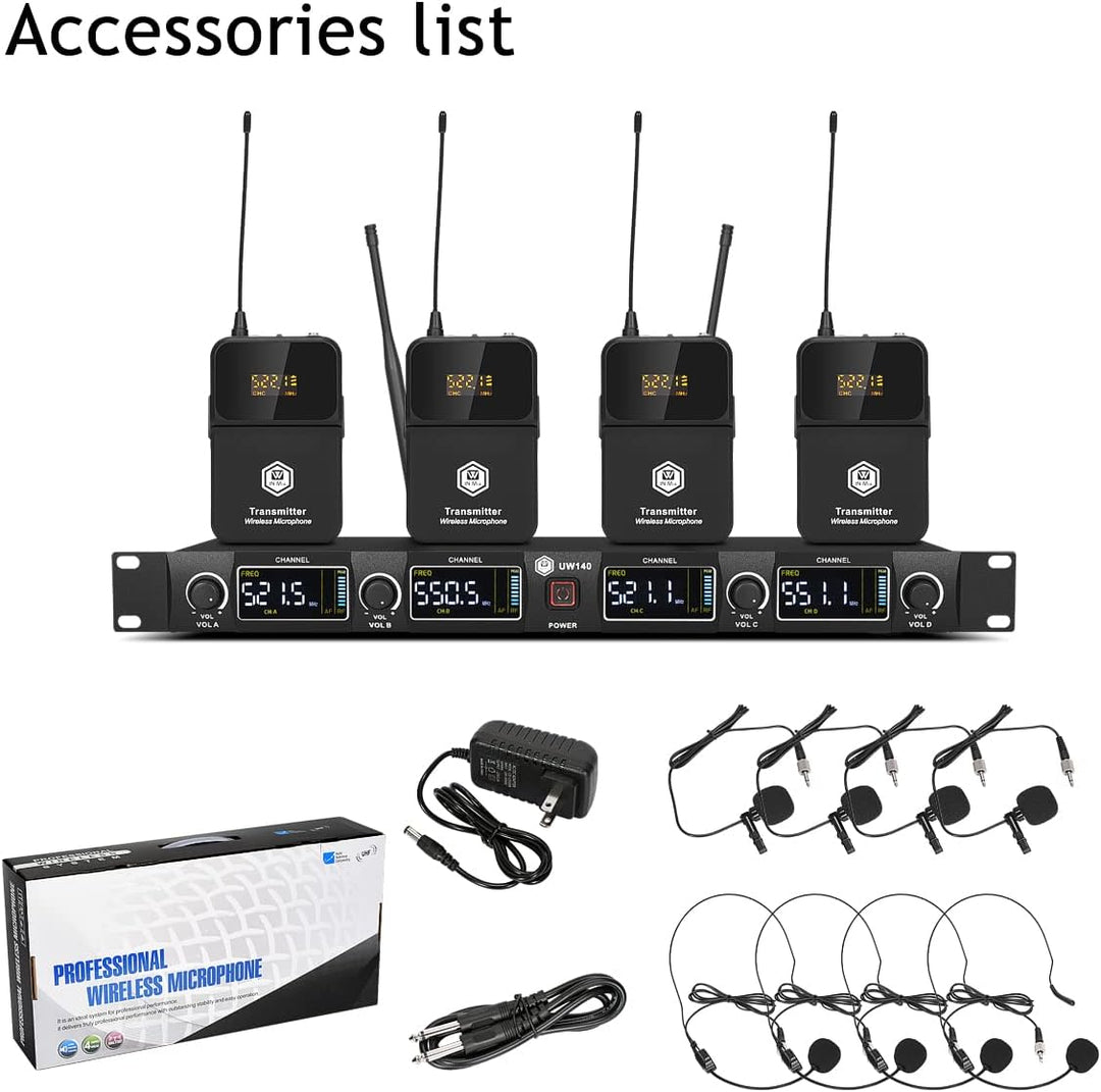W IN-MIX Professionelles UHF-Funkmikrofonsystem, 4 Kanäle, 80 Meter Reichweite, mit Lavalier- und He