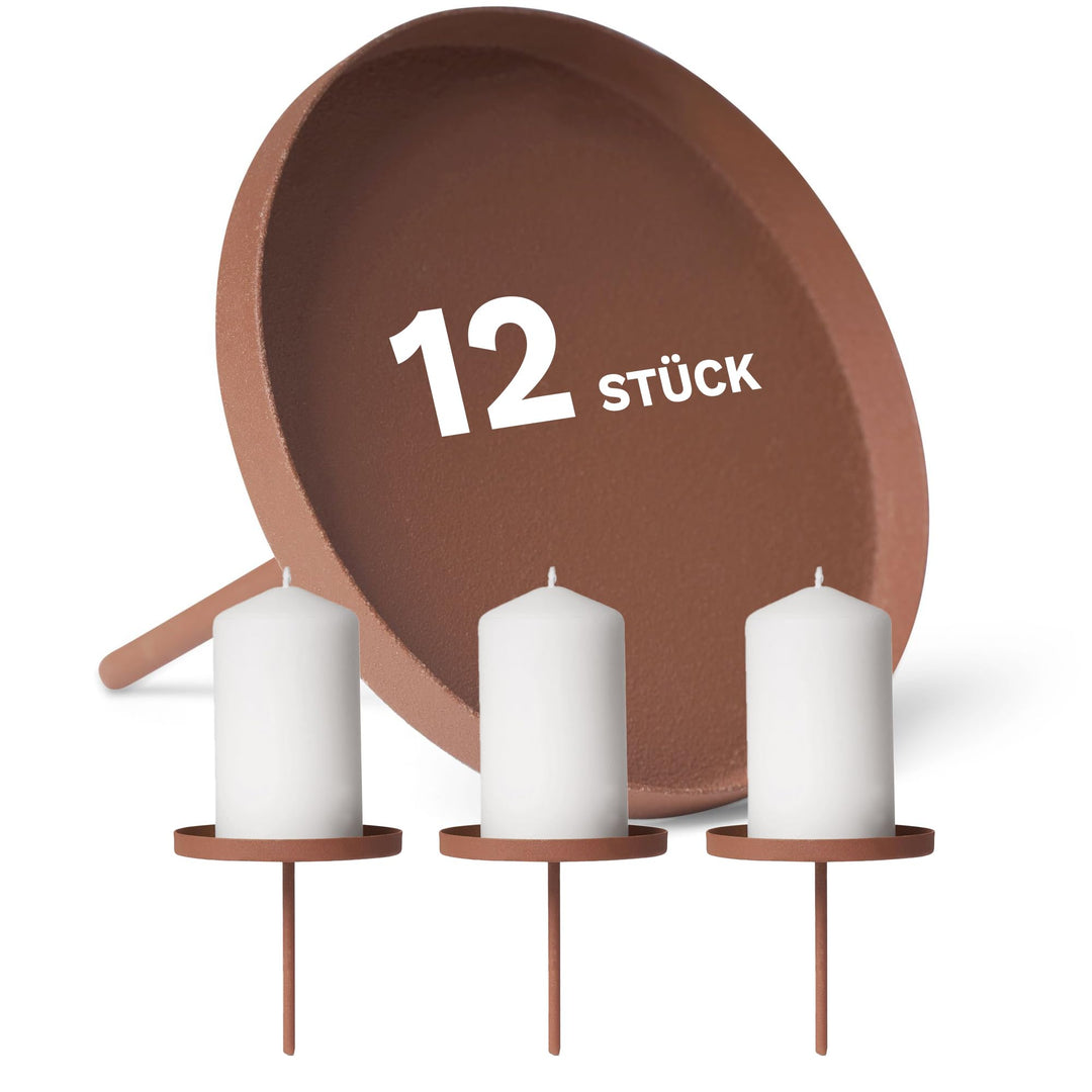Novaliv 12er-Set Kerzenhalter ohne Dorn 8cm ROST Weihnachtskranz Kerzenteller zum Stecken rund Kerze