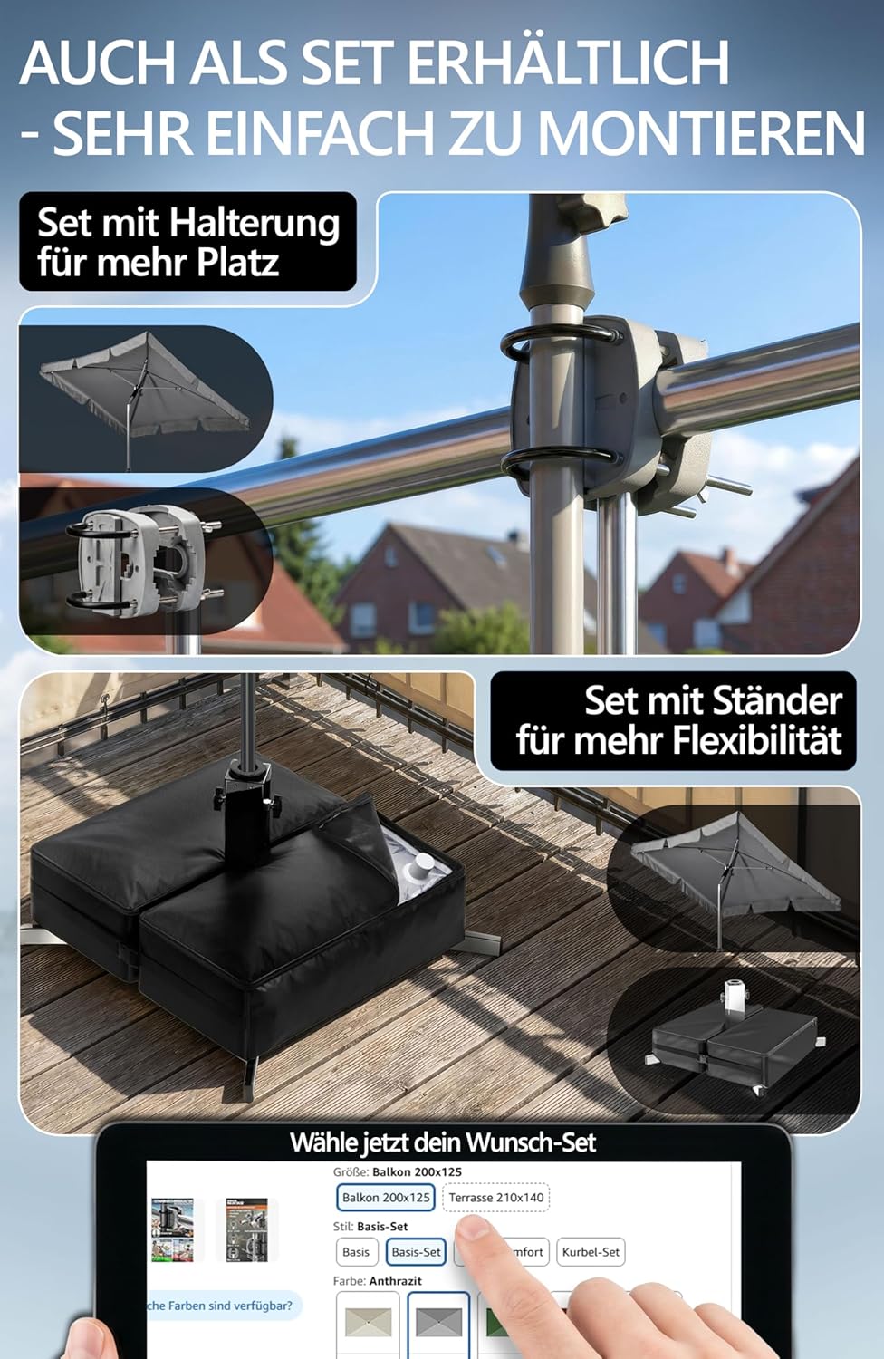 4smile Sonnenschirm Balkon in Anthrazit - Sonnenschirm rechteckig 200x125cm mit UV50+ Sonnenschutz |