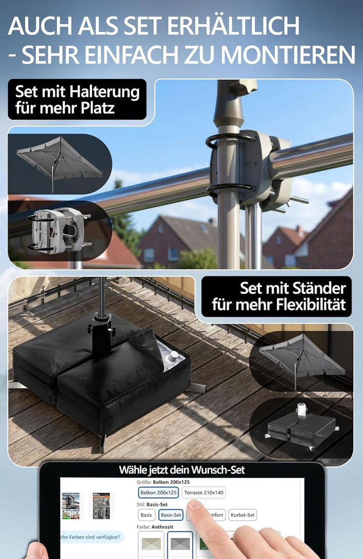 4smile Sonnenschirm Balkon in Anthrazit - Sonnenschirm rechteckig 200x125cm mit UV50+ Sonnenschutz |
