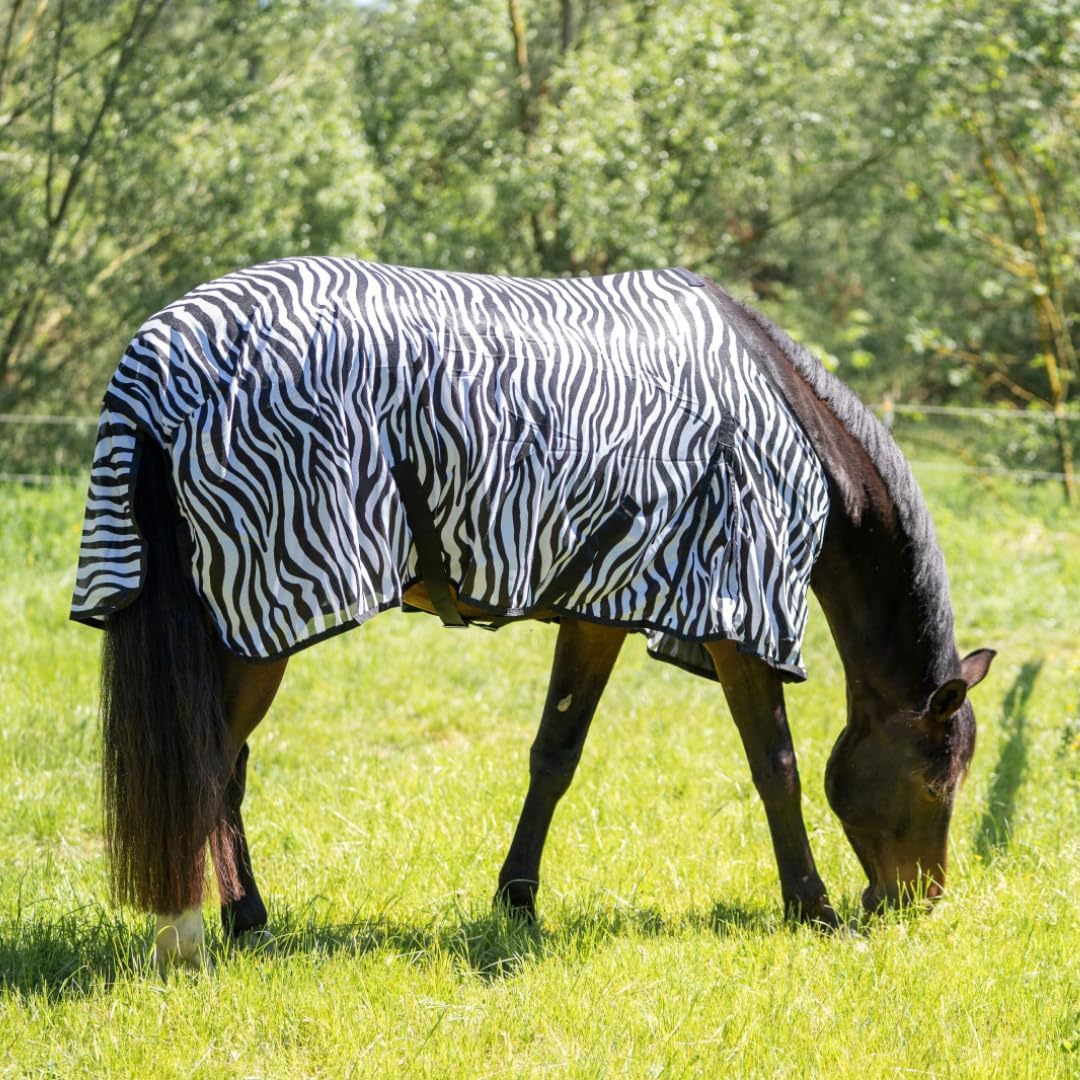 RL24 - Zebra Fliegendecke mit Kreuzgurt – reissfeste & feinmaschige Pferdedecke – Weidedecke zum Sch