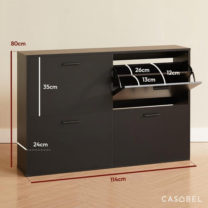 CASABEL Schuhschrank mit 4 Klappen – Schuhschrank Eingang Schwarz, Modernes Design, Grosse Kapazität