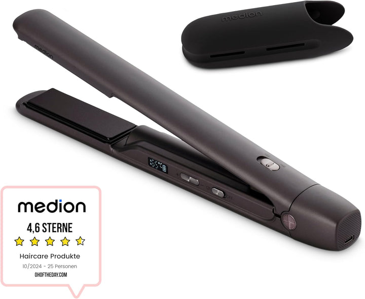 MEDION Glätteisen HS2 (kabellos, Display, 5 regelbare Hitzestufen, 165° bis 210°, breite flexible Ke