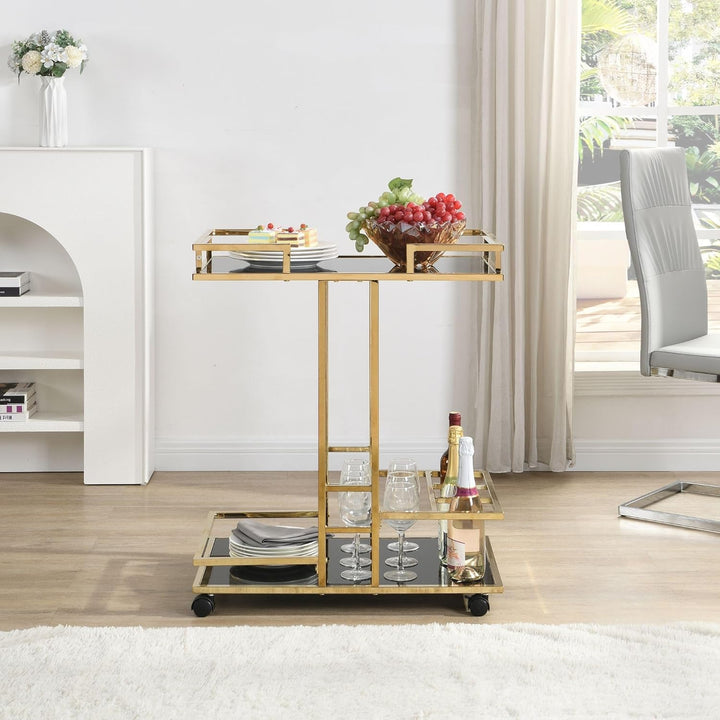 FineBuy Servierwagen Gold Metall mit Glas Ablagen auf Rollen 67,5x83,5x43 cm, Moderner Barwagen mit