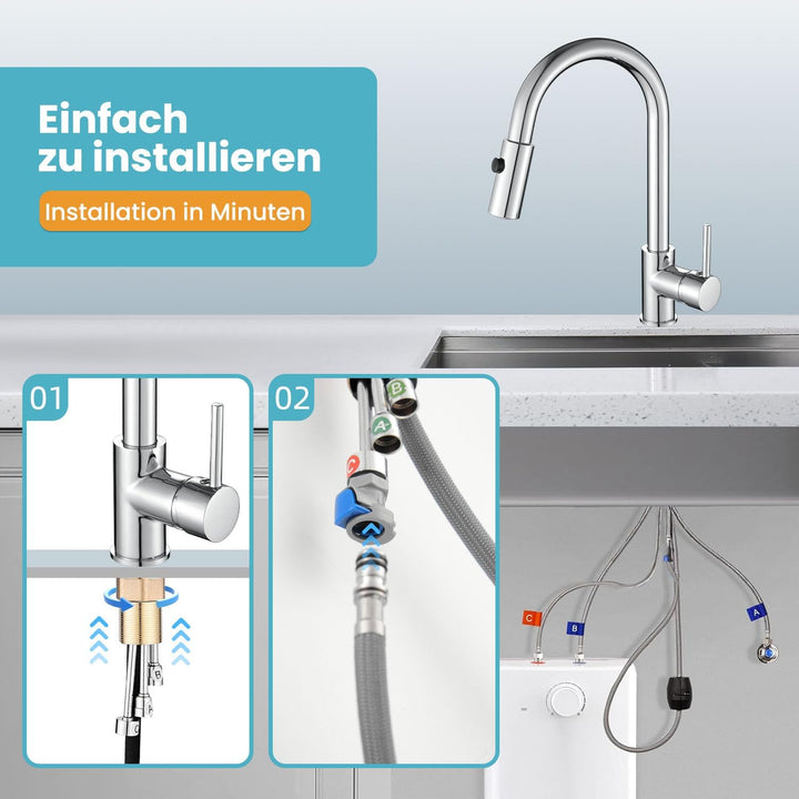 Wasserhahn Niederdruck Ausziehbar,Chrome Edelstahl,Wasserhahn mit 3 Anschluessen für Boiler,360° Dre