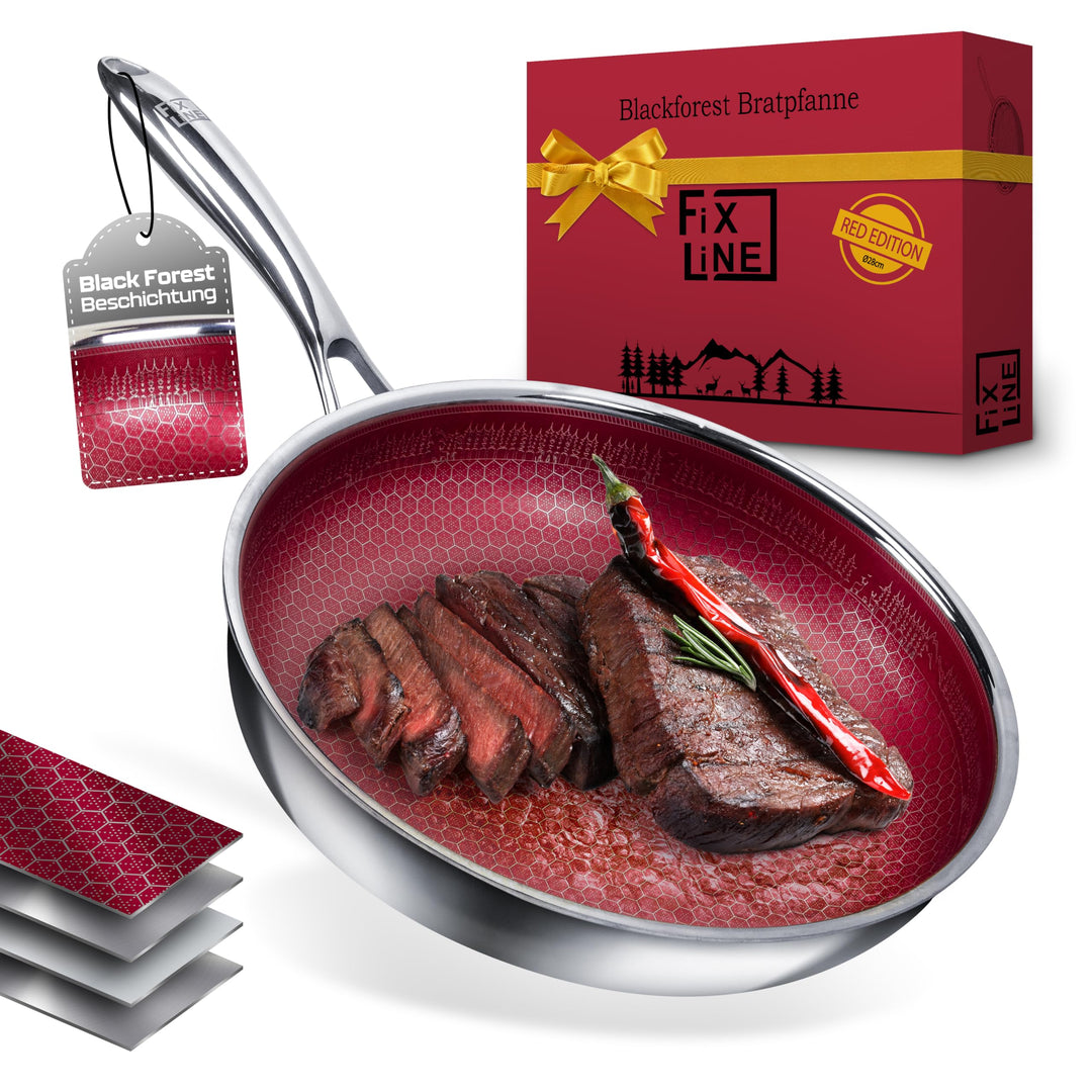 FIXLINE® BLACK FOREST Servierpfanne 28cm - RED Edition - kratzfeste Beschichtung ohne PTFE - alle He