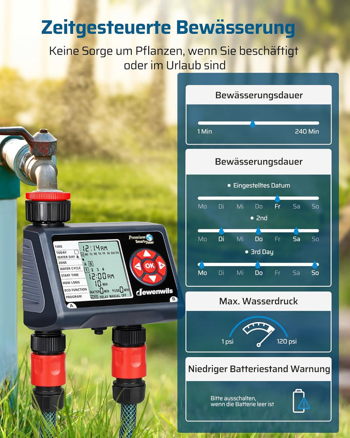 DEWENWILS Bewässerungscomputer 2 Ausgänge, 4 Bewässerungsprogramme für Jede Zone, Garten Bewässerung