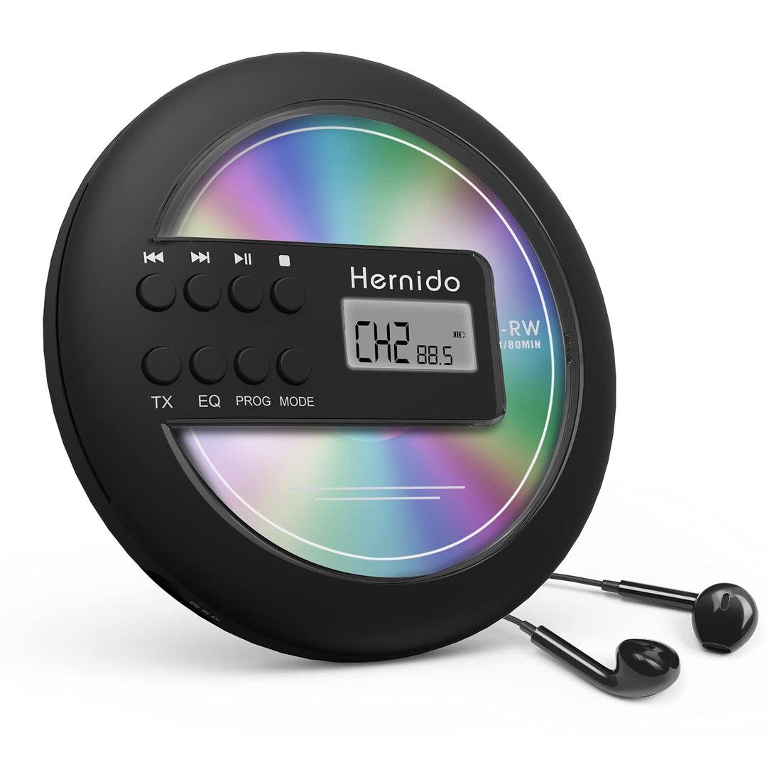 Hernido Tragbarer CD-Player für Auto, kompakter CD Player mit FM-Transmitter, USB wiederaufladbarer