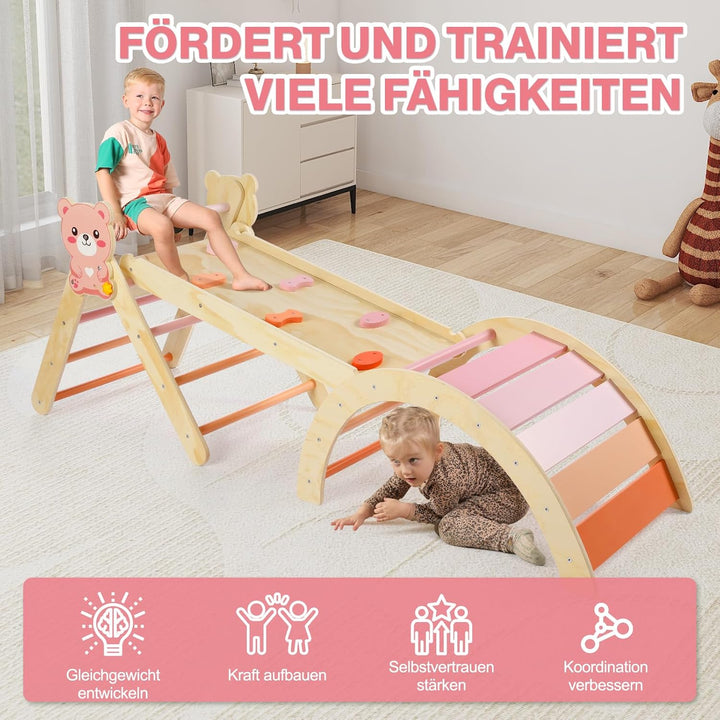 7-in-1 Montessori Kletterdreieck Set mit Rutsche, Kletterbogen & weichem Kissen – Holz Klettergerüst