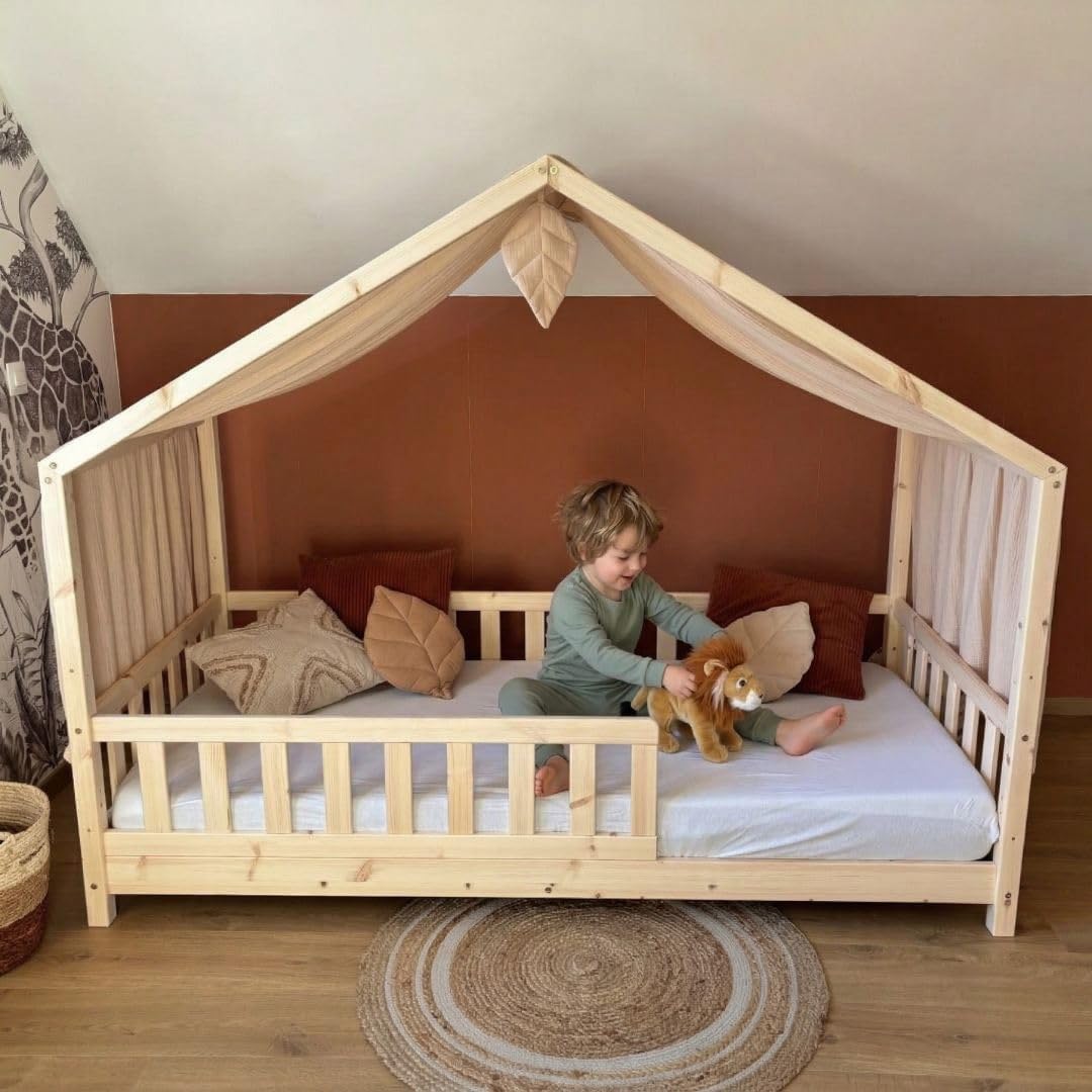 Hausbett Himmel, 100 x 350 cm, Betthimmel Hausbett aus Baumwolle Musselin Beige, Stoffhimmel für Kin
