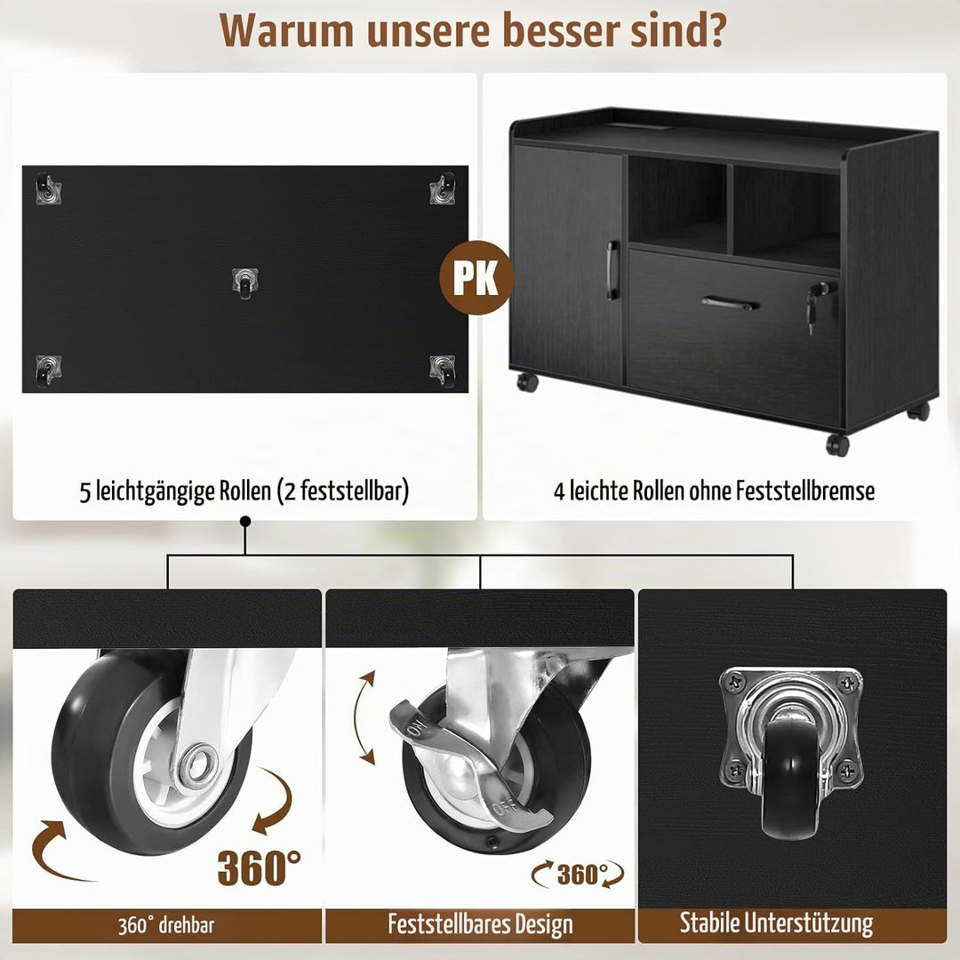 GIANTEX Rollcontainer mit 5 Schubladen &amp; Schrank, Aktenschrank mit Rollen, Schubladenschrank Holz un