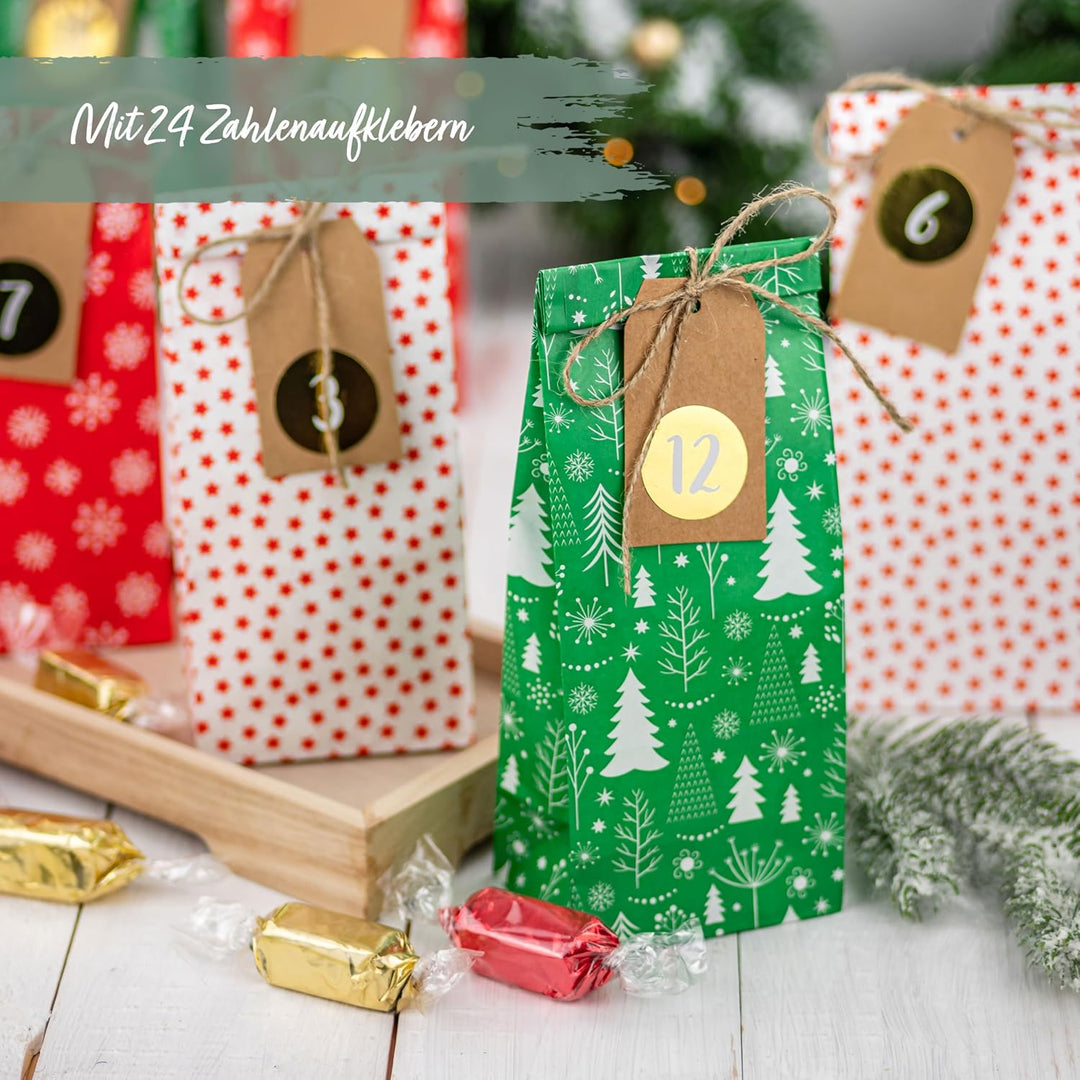 Papierdrachen Adventskalender zum Befüllen - 24 Bedruckte Geschenktüten und 24 Zahlenaufkleber und K
