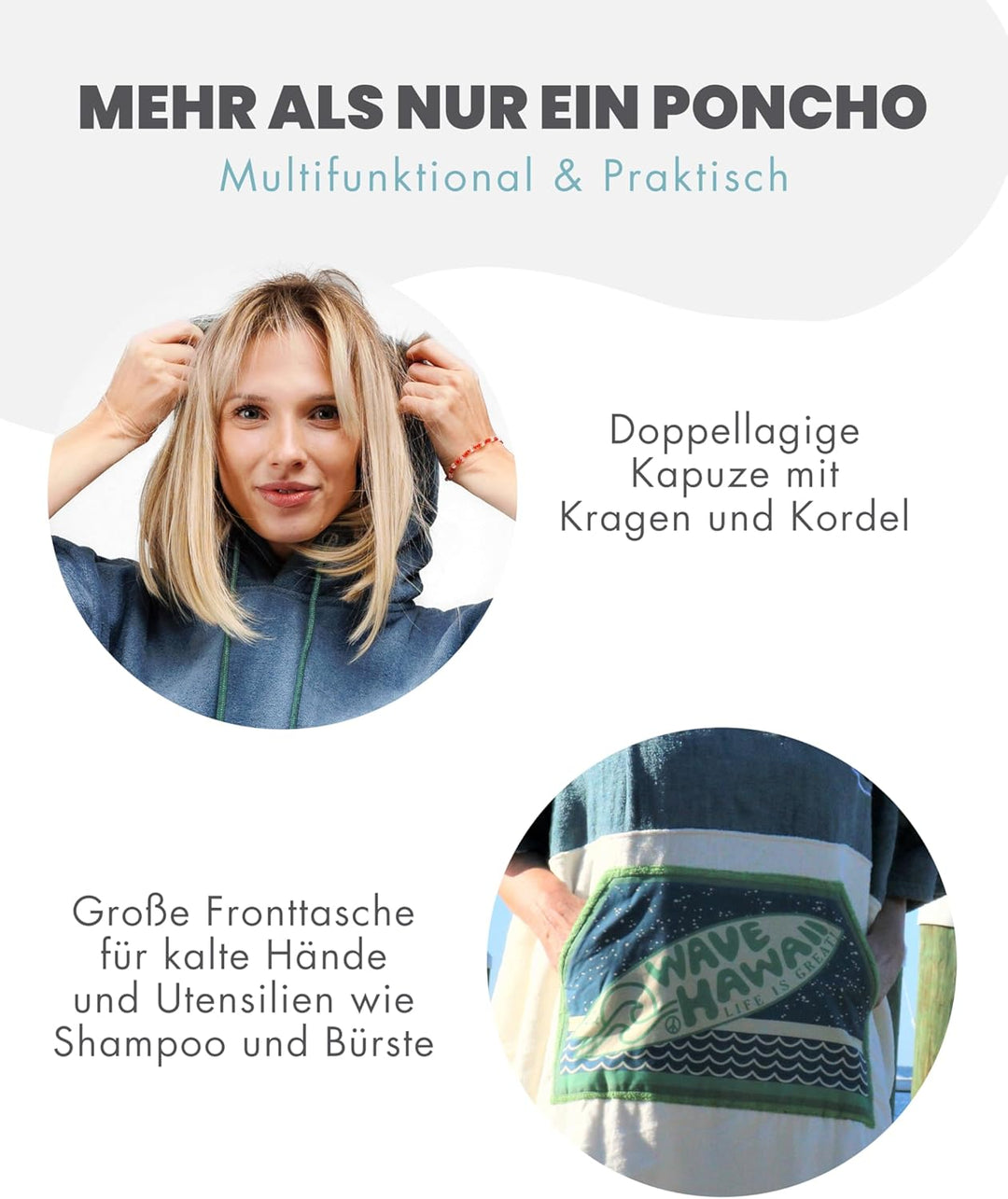 WAVE HAWAII Curitiba Surfponcho für Körpergrössen von 170-200 cm Poncho 100% ÖKO Baumwolle Velours U