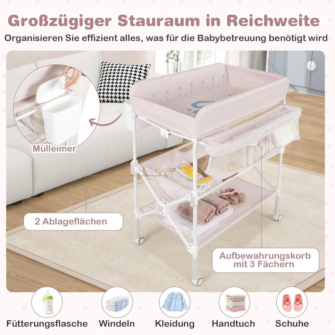 COSTWAY 5 in 1 Wickelkommode, Wickeltisch klappbar, Wickelstation höhenverstellbar mit Seitenkorb, R