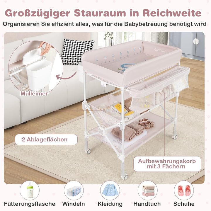 COSTWAY 5 in 1 Wickelkommode, Wickeltisch klappbar, Wickelstation höhenverstellbar mit Seitenkorb, R