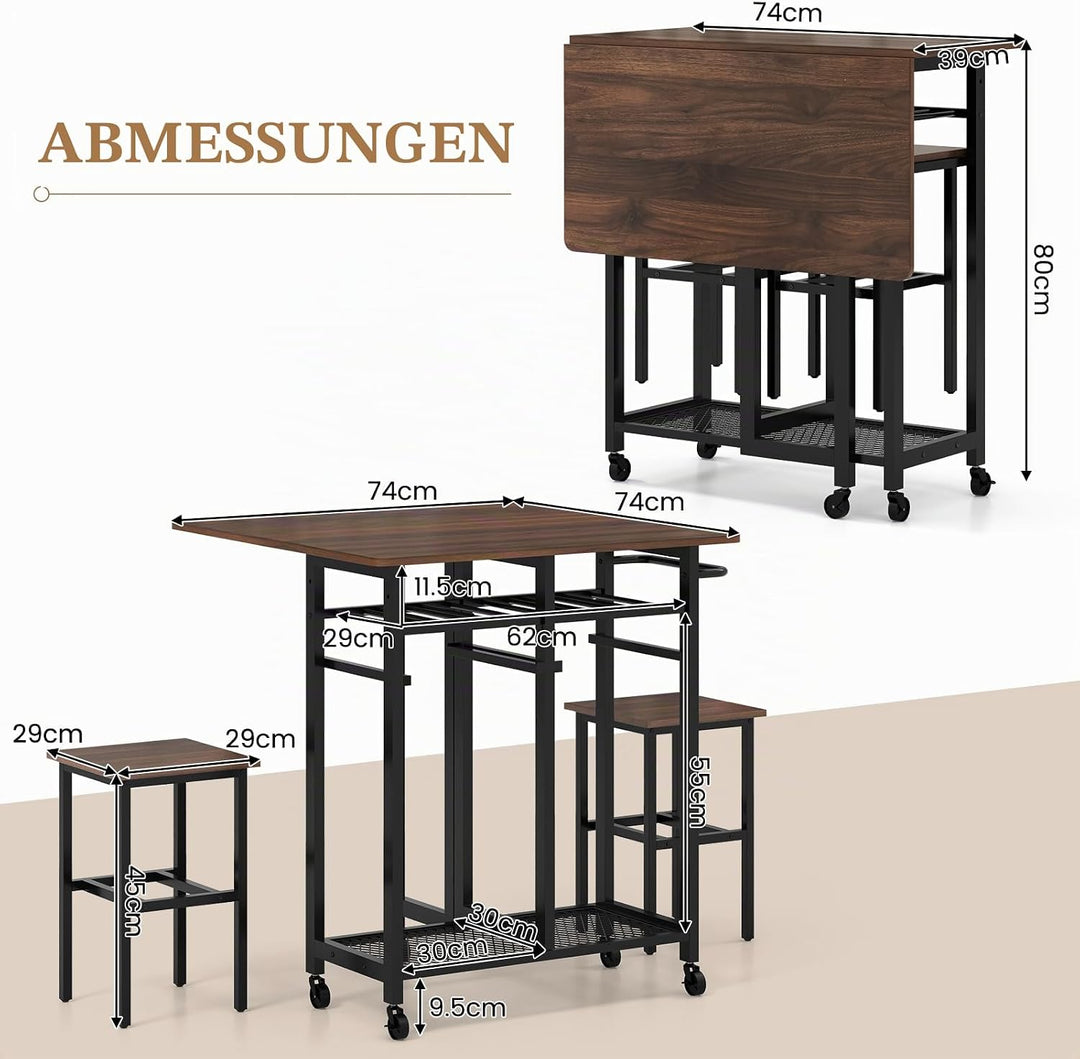 GIANTEX Mobiler Wagen mit ausziehbarem Klapptisch, quadratisch, zusammenklappbar, 3-teilig, mit Wein