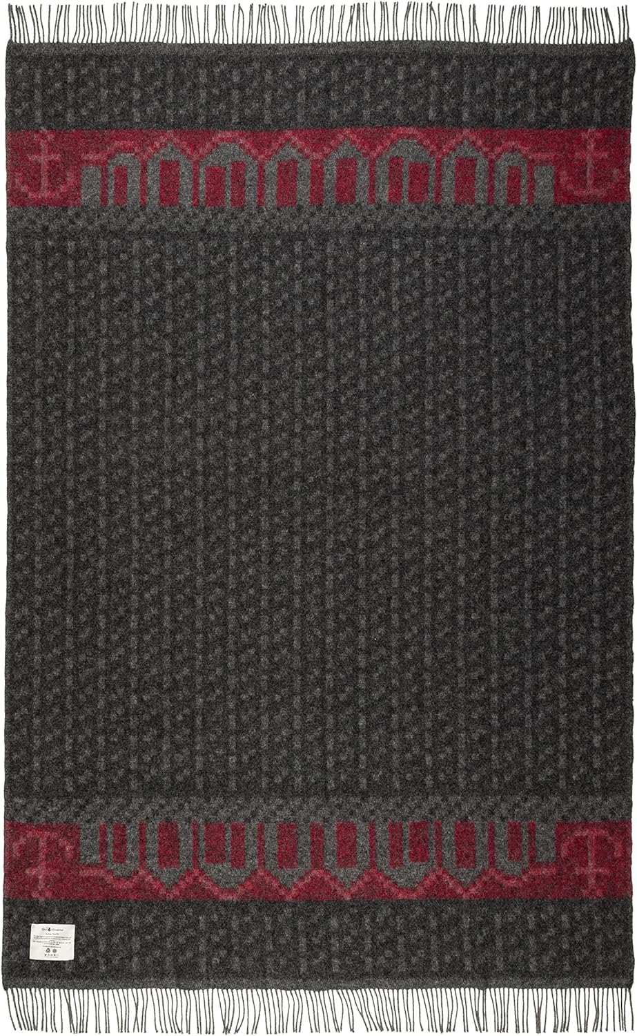 ÖJBRO VANTFABRIK "Skaftö Grå gewebte Wolldecke mit Fransen 130x220 cm/grau/Russ/rot 100% Merinowolle