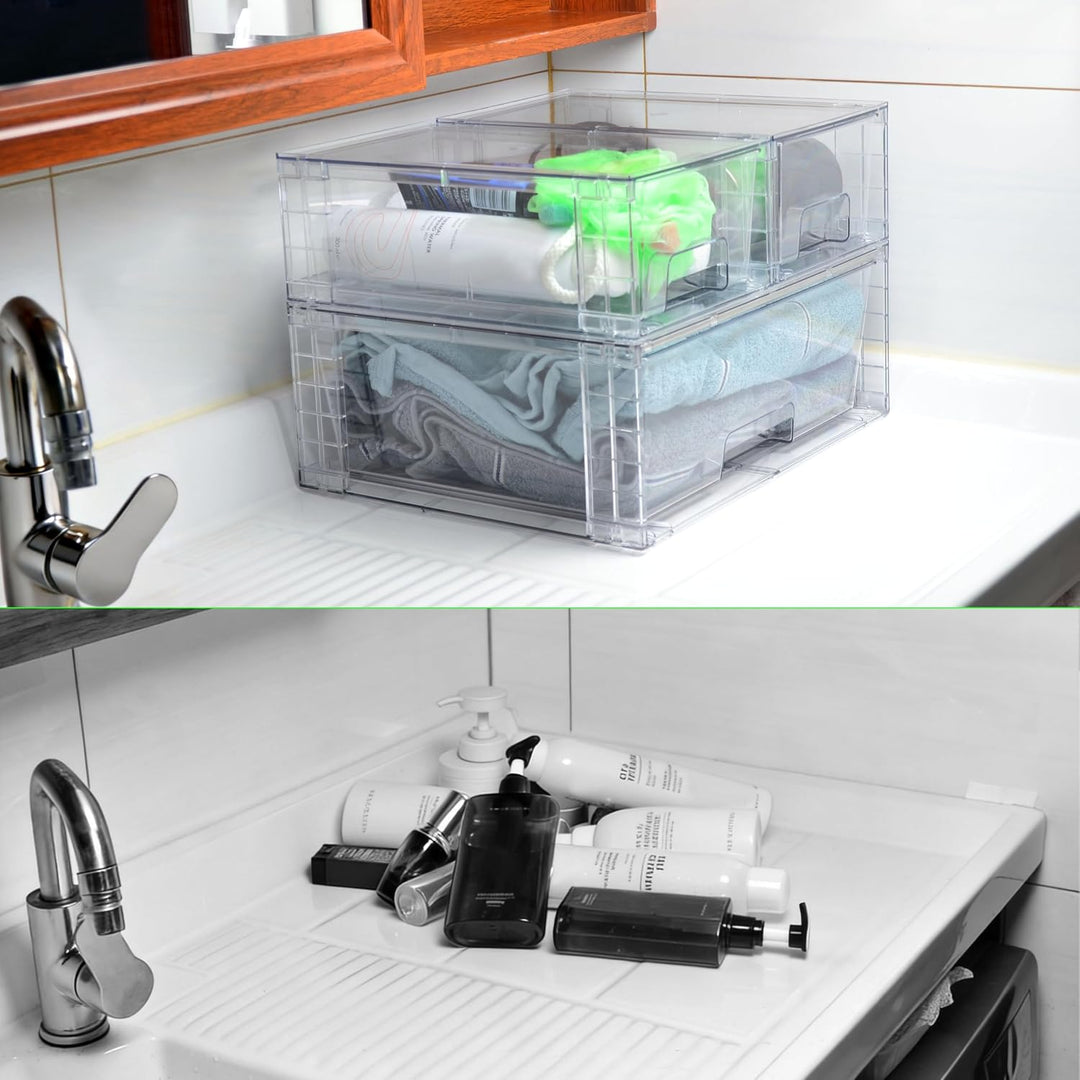 3er Set Breite Stapelbare Aufbewahrungsschubladen für Bad und Küche, Hochfeste Klare Acryl Organizer