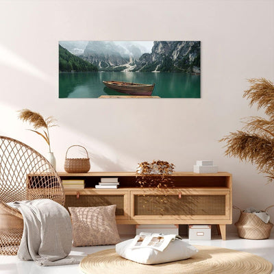 Wandbilder Dekoration Wohnzimmer Berge See Boot Panorama Bilder auf Leinwand 120x50cm Leinwandbild m