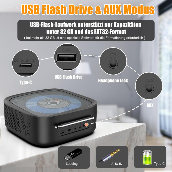 CD Player Tragbar, CCHKFEI Boombox CD Player Bluetooth & Radio FM mit Dual Stereo Lautsprecher LED-B