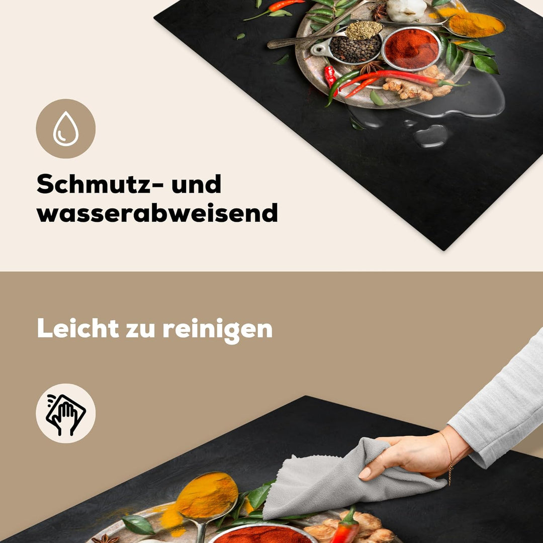 MuchoWow Herdabdeckplatte Ceranfeld Spritzschutz Küche Gewürze - Teller - Pfeffer - Schwarz - Löffel