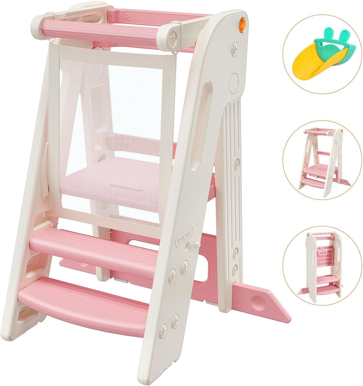 Onasti Lernturm für Kinder mit Sicherheitsgeländer, Lernturm Klappbar, Höhenverstellbar, Learning To
