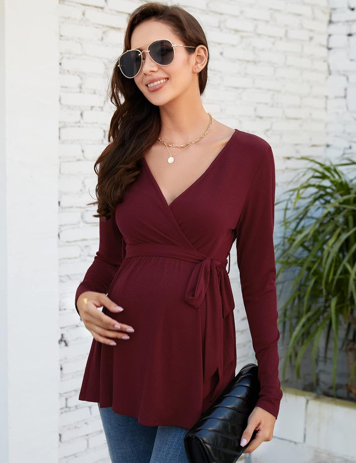 KOJOOIN Damen Stillshirt Schwangerschaftsshirt V-Ausschnitt Umstandsshirt Langarm Nursing Tops mit G