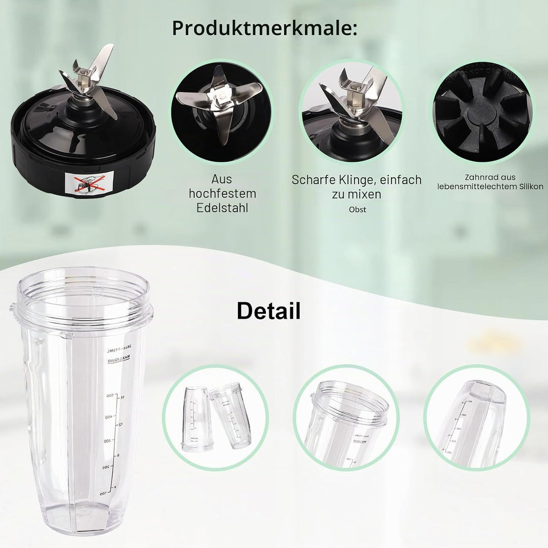 Mixer Ersatzteile für Ninja,2 Stück Blender Becher mit Herausnehmbarem Deckel,7 Flossen-Extraktor-Kl