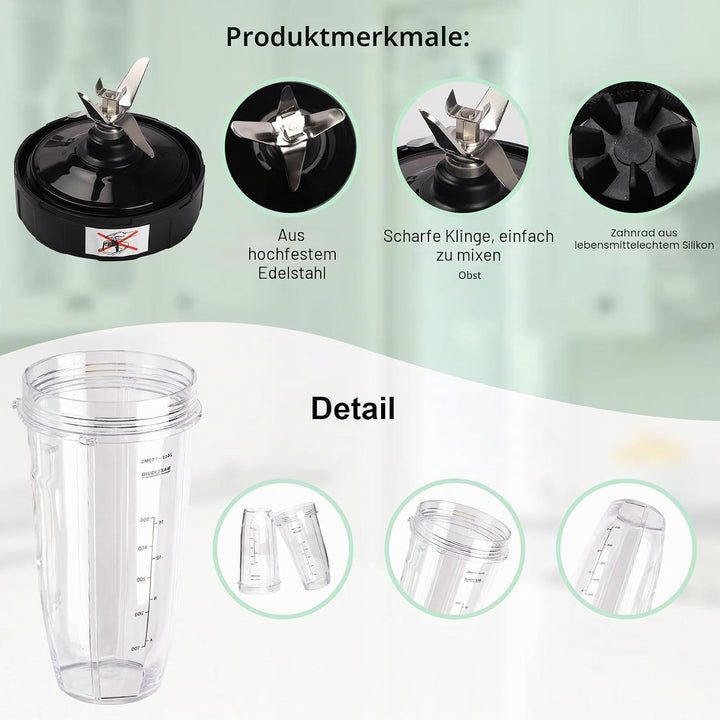 Mixer Ersatzteile für Ninja,2 Stück Blender Becher mit Herausnehmbarem Deckel,7 Flossen-Extraktor-Kl