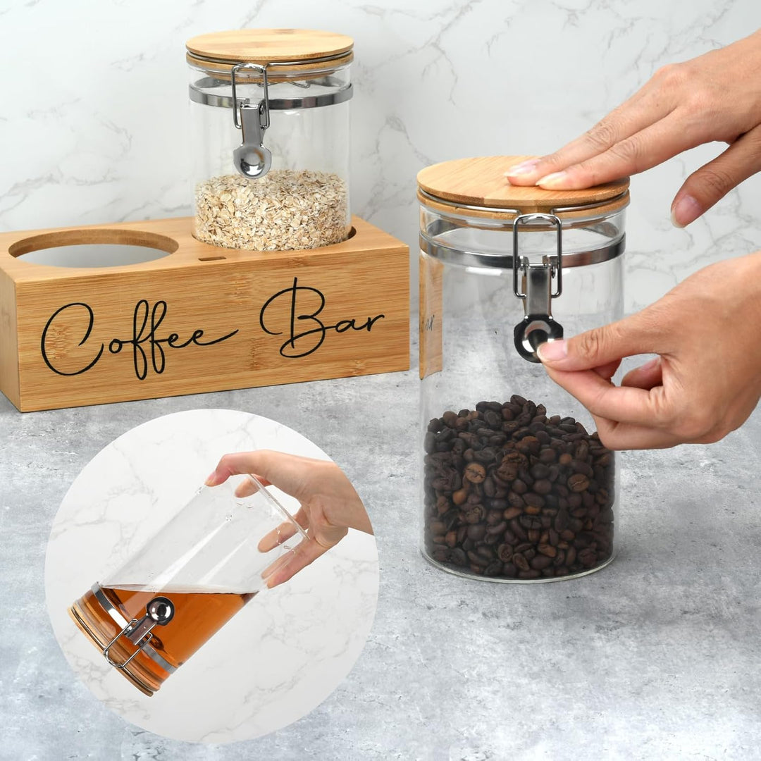 Kaffeedosen-Set aus Glas mit Bambusregal und Löffel, 2 luftdichte Behälter (je 1,3 l) für Kaffeebohn