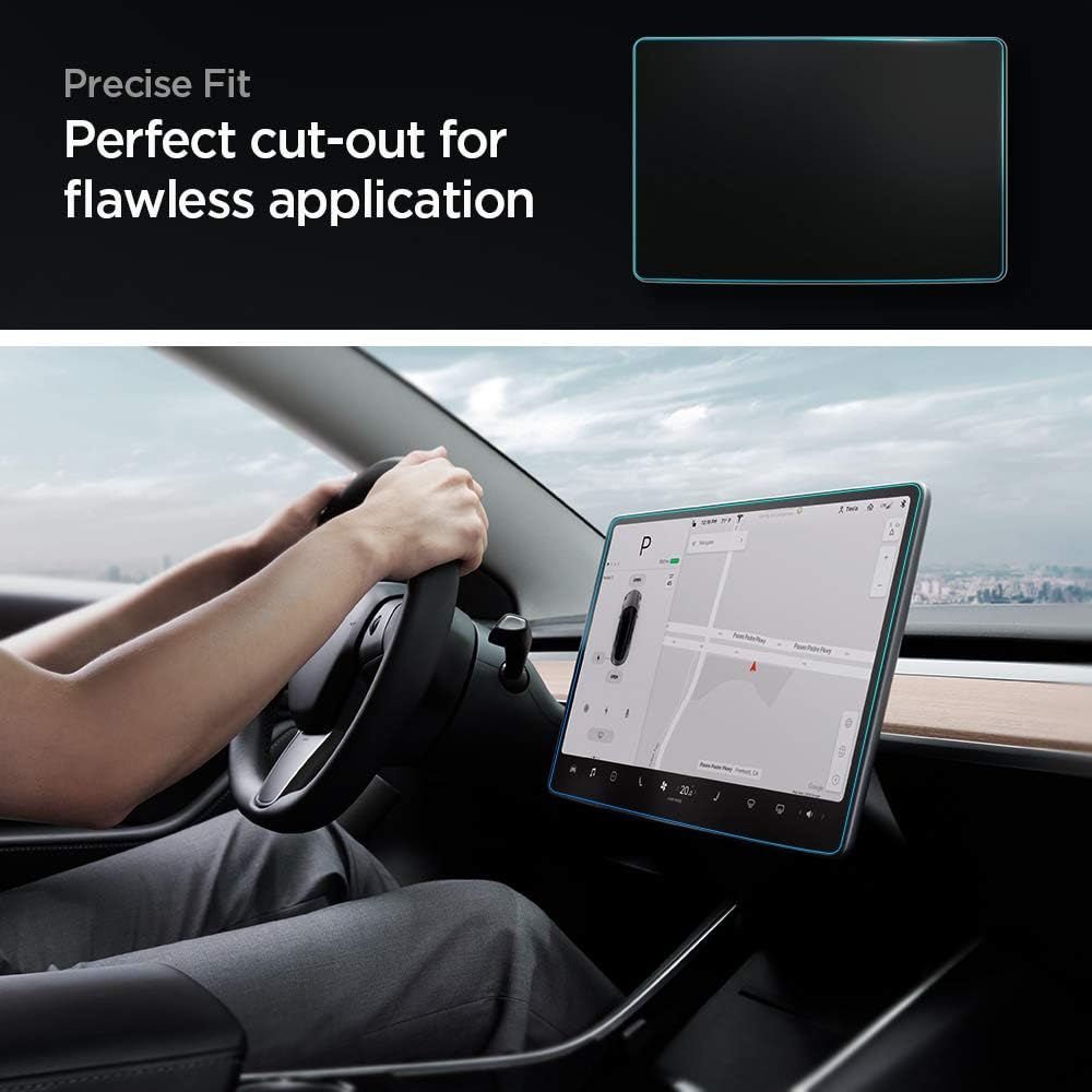 Spigen Glas.tR EZ Fit Schutzfolie kompatibel mit Tesla Model 3 / Y, Schablone für Installation entha