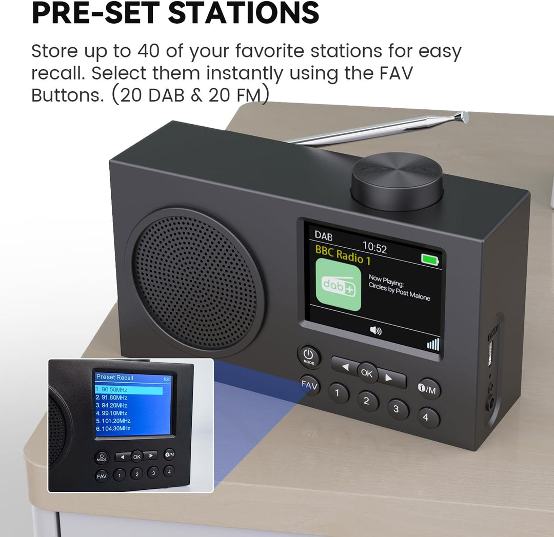DAB Radio mit Bluetooth, DAB Plus Radio mit 3" Grosses TFT Display, Rechargeable Dab+ Radio Klein, K