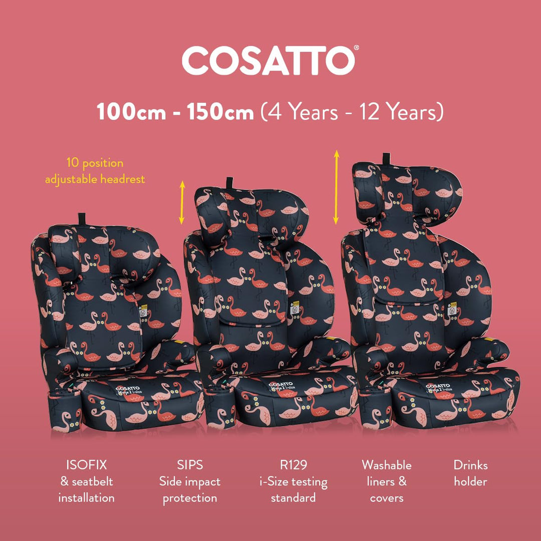 Cosatto Ninja 2 i-Size Hochlehnen-Sitzerhöhung 100-150cm (Pretty Flamingo) | ISOFIX oder Fahrzeuggur