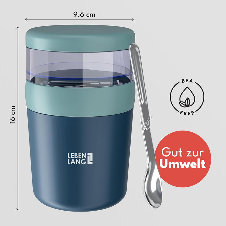 LEBENLANG Müslibecher To Go mit Löffel - Isolierende Edelstahlinnenwand & 650ml I Joghurtbecher to g