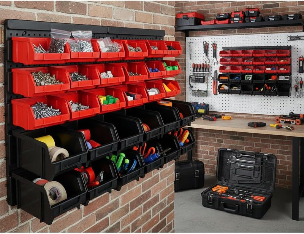 ORDER Werkstatt Wandregal-Set, 30 Stapelboxen in Rot/Schwarz, Hängeorganizer mit Sortierboxen, 64x2x