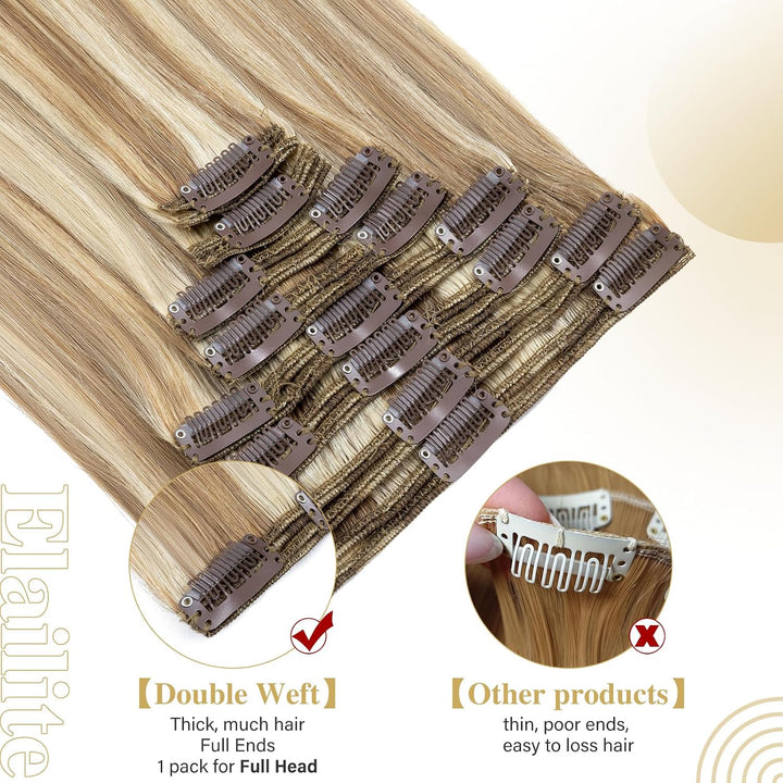 Elailite Extensions Echthaar Clip in 8 Tressen Voller Kopf 