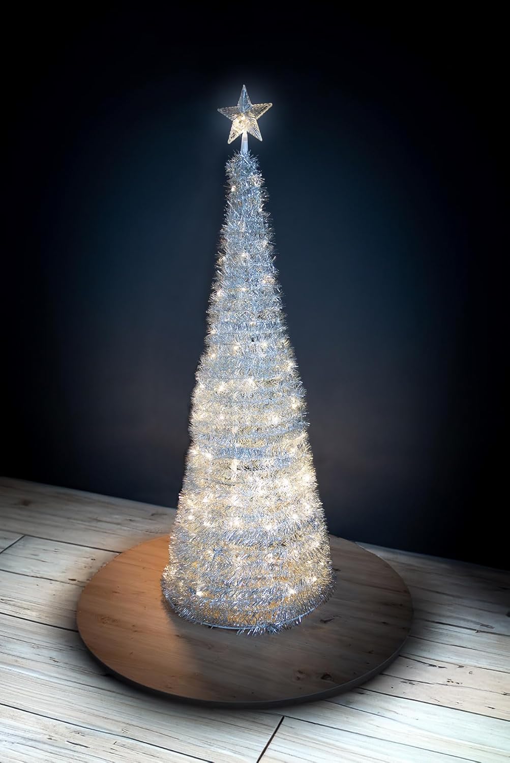 Pop Up Spiral Weihnachtsbaum 150 cm mit 120 LED und Stern Spitze - Silber - Künstlicher Tannenbaum w
