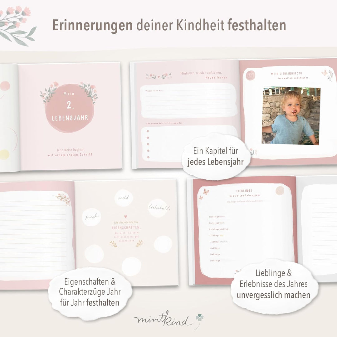 mintkind® "Meine Kindheit" Erinnerungsalbum Rosa Blumen Design + Sticker Set I deine ersten 10 Jahre