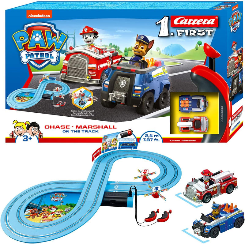 PAW Patrol Carrera First Rennbahnset | Chase & Marshall | 2,4m Strecke | Kreisel für extra Spielpass