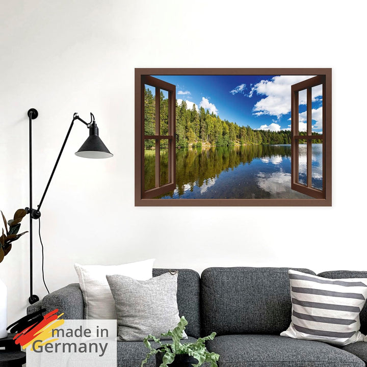 ARTland Wandbild selbstklebend Vinylfolie 100x70 cm Fensterblick Wald See Landschaft Norwegen Natur