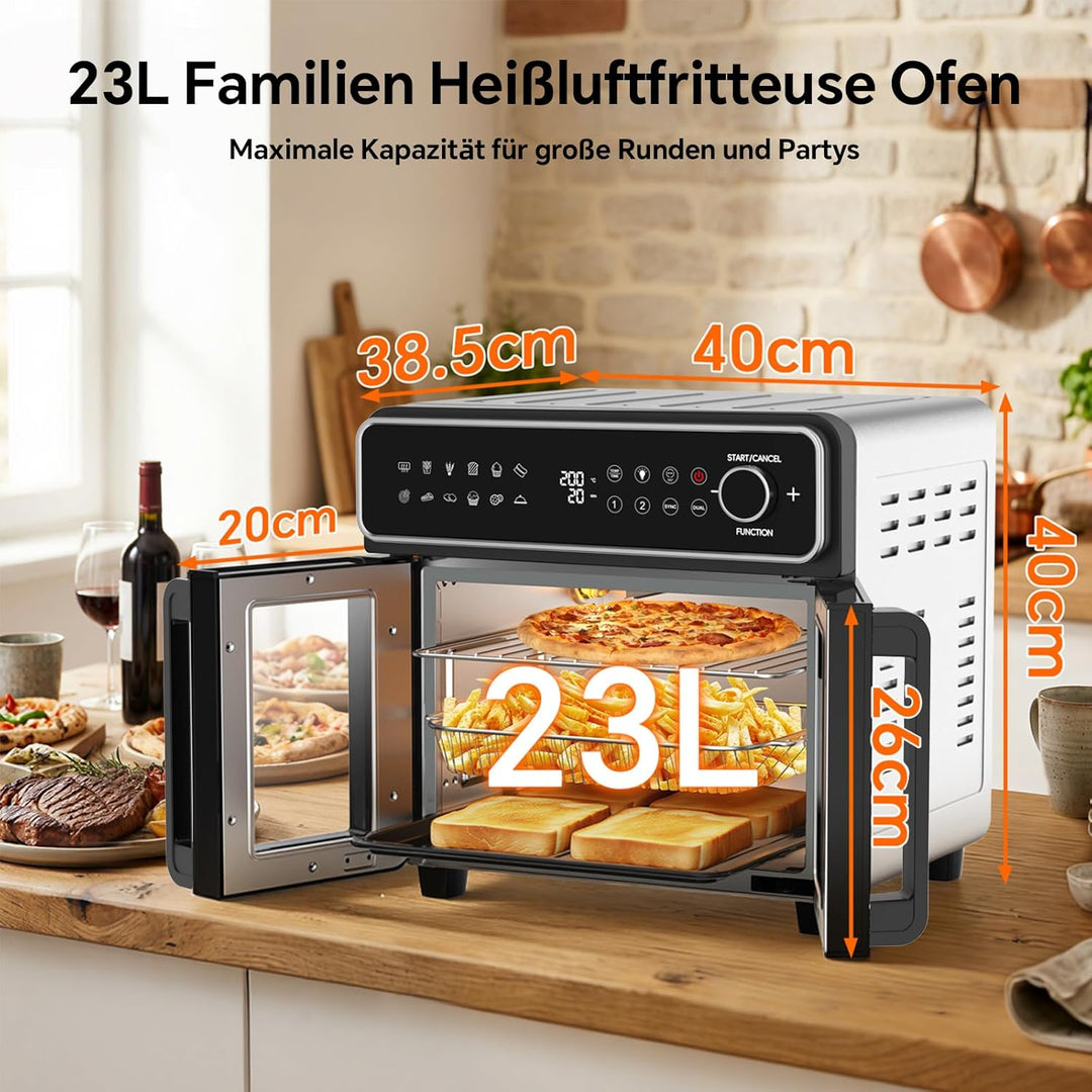 Emphsism Heissluftfritteuse XXL 23L - Mini Backofen Variable Flex-Zone, French Door Airfryer 2 Kamme
