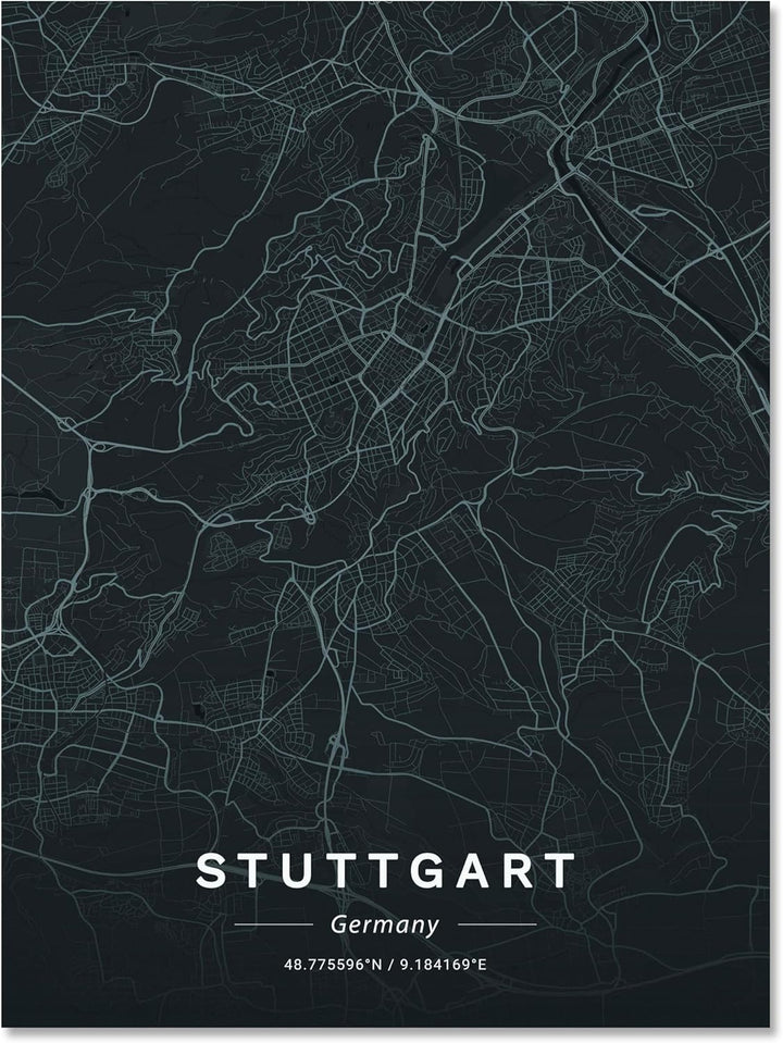 wandmotiv24 Stadt Karte als Leinwandbild, 60x45cm, Hochformat, Stuttgart, Deutschland, Strassen, Ant