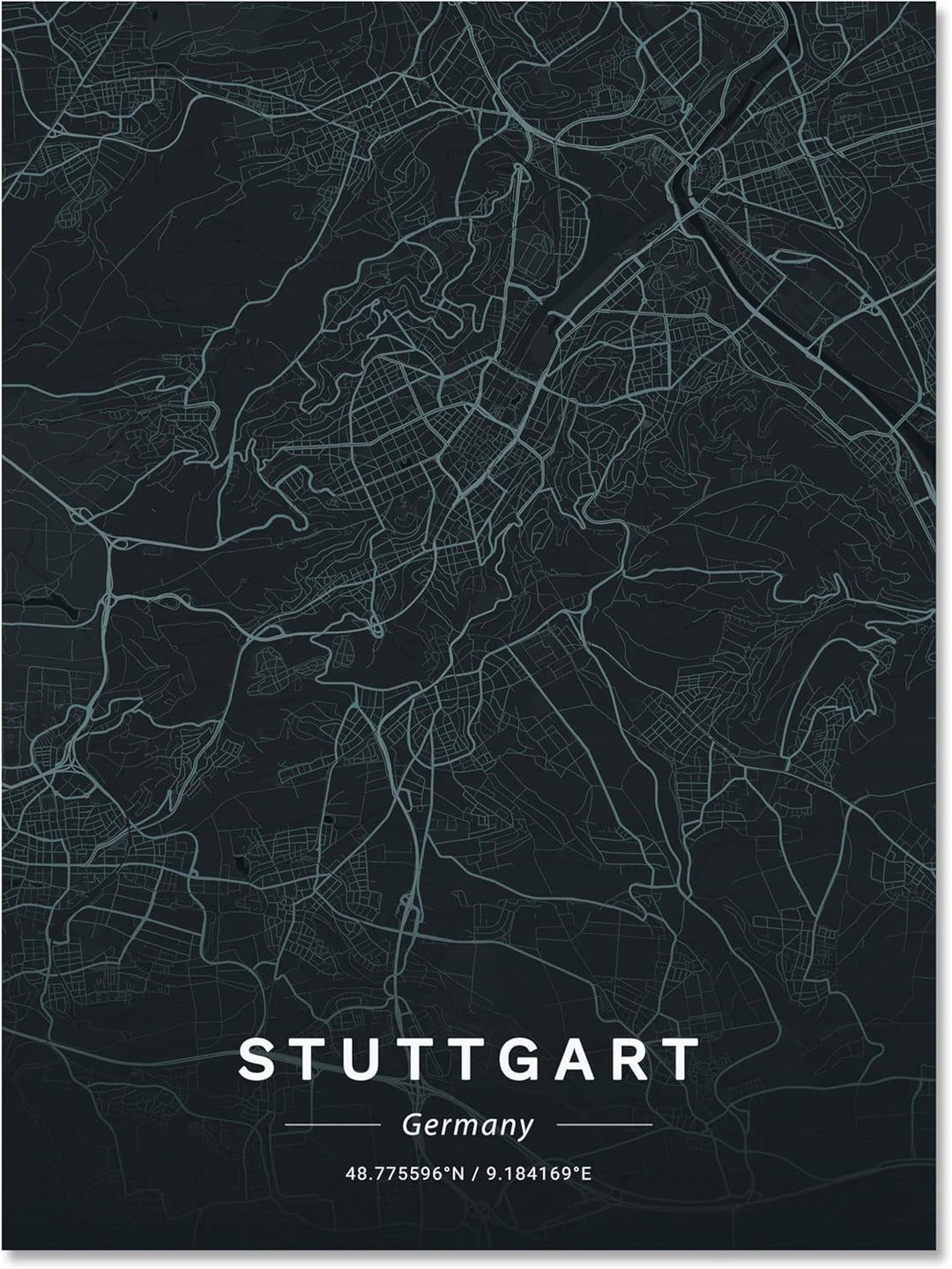 wandmotiv24 Stadt Karte als Leinwandbild, 100x75cm, Hochformat, Stuttgart, Deutschland, Strassen, An