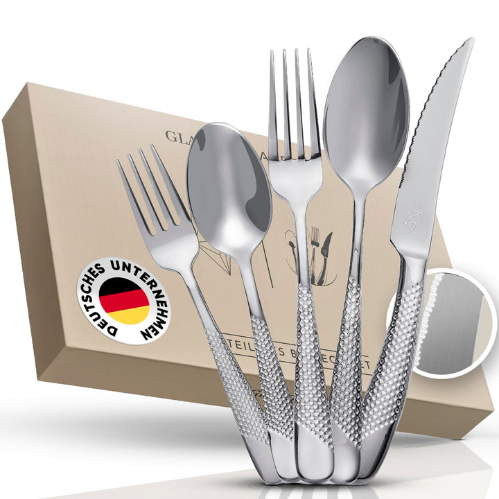 Glavory Aurora - Besteck Set Silber gestanzt - Besteck für 6 Personen 30teilig - rostfreier 18/8 Ede