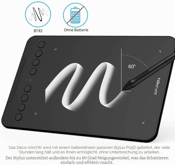 XP-PEN Deco Mini 7W Grafiktablett, 7,03''x4,38'' Pad, 2.4G Wireless Stift Tablett, zum Zeichnen, Des